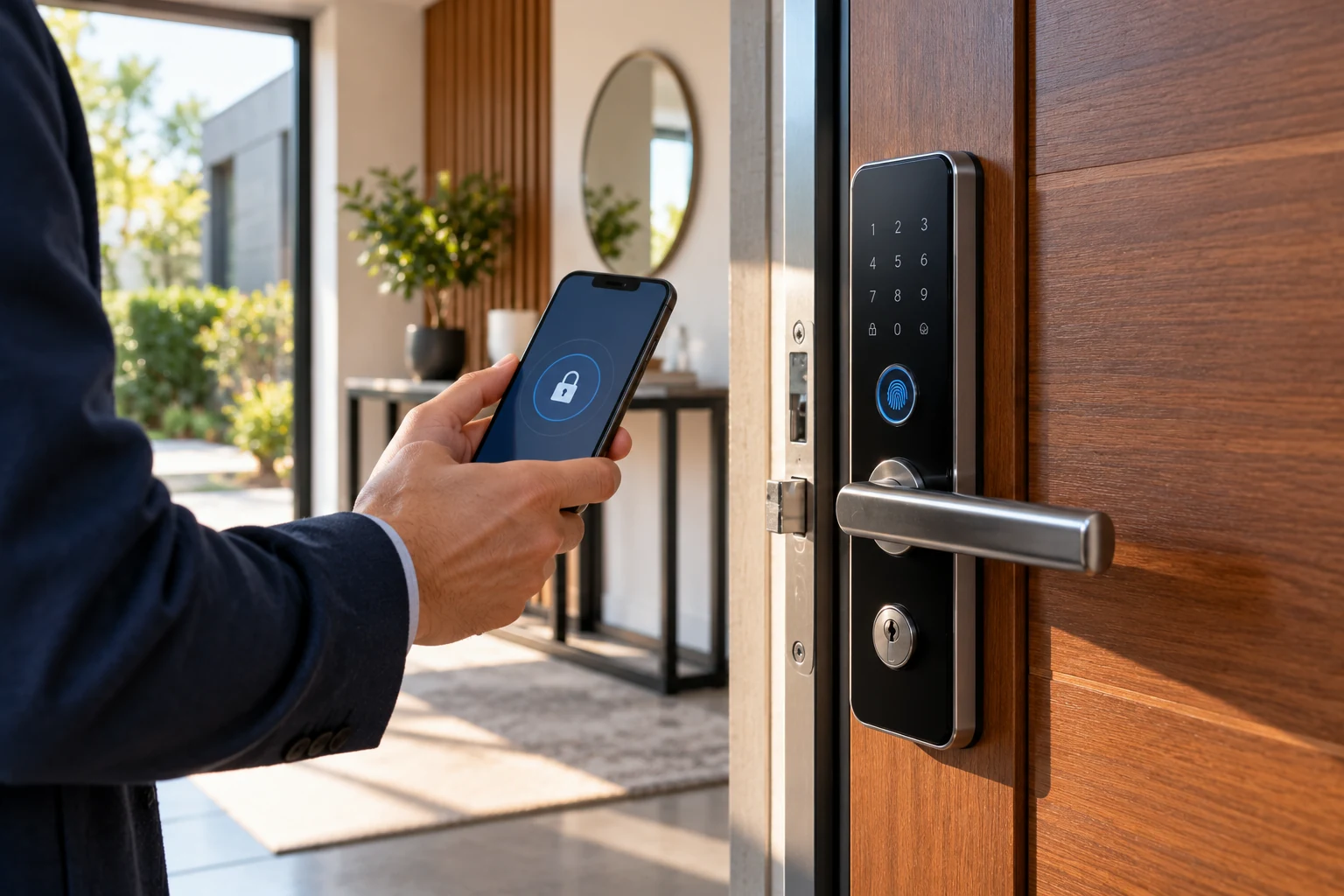 Modern bir ev girişinde şifreli ve parmak izi okuyuculu akıllı kapı kilidinin cep telefonu üzerinden kontrol edilmesi ve elektronik erişim güvenliği.