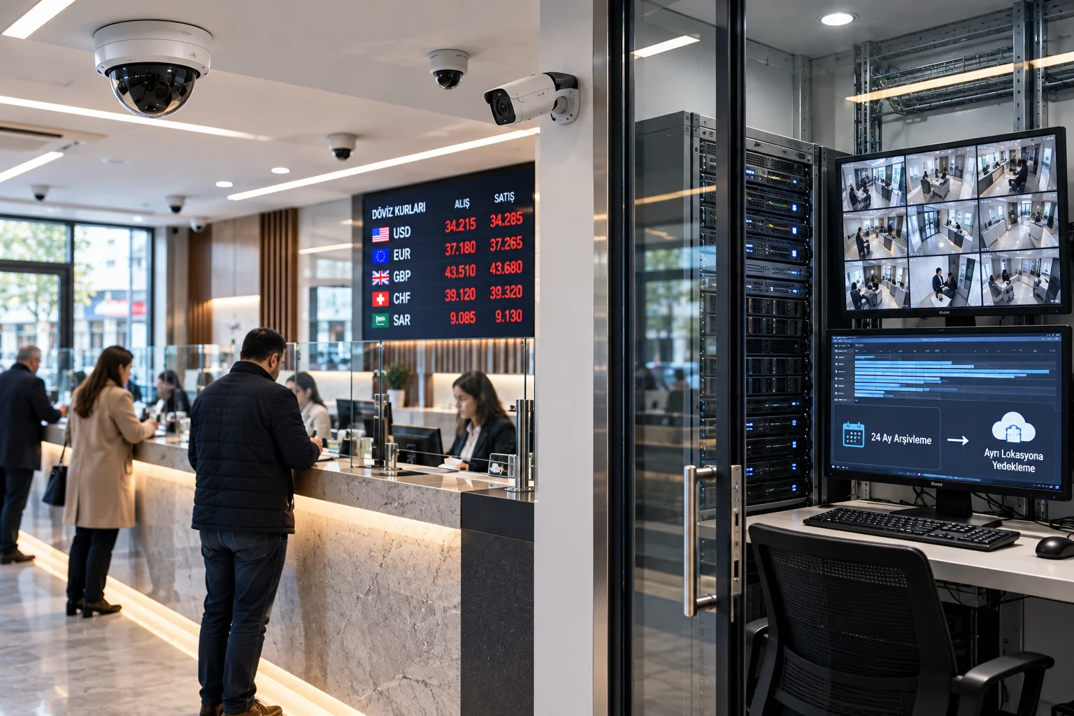 Modern bir döviz bürosunda güvenlik kameraları, döviz işlem vezneleri ve iki yıllık kamera kayıtlarının saklanması ile uzak lokasyona yedeklenmesi için kullanılan veri depolama altyapısı.