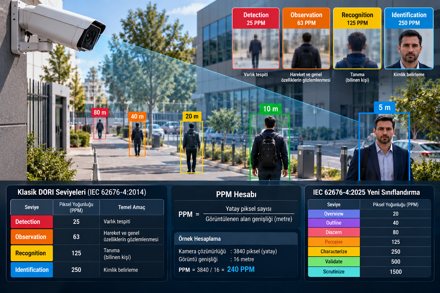 CCTV kamera sistemlerinde DORI analizi, Detection, Observation, Recognition ve Identification seviyeleri, PPM hesaplama örneği ve IEC 62676-4:2025 piksel yoğunluğu sınıflandırması.