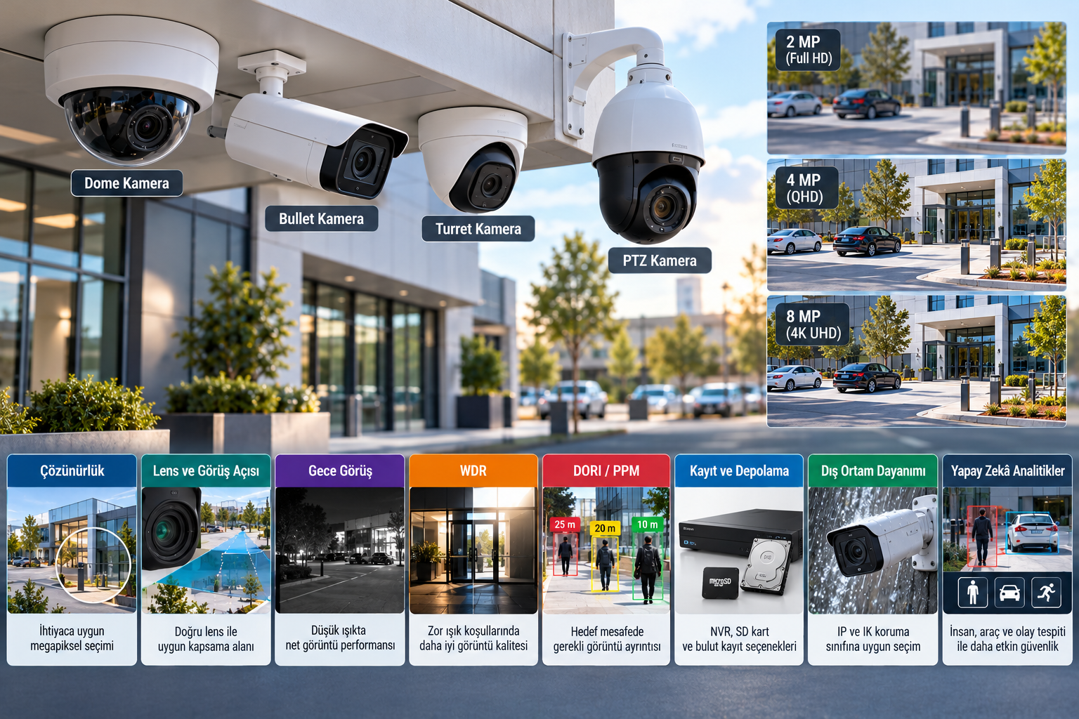 Güvenlik kamerası seçiminde dome, bullet, turret ve PTZ kamera türleri ile çözünürlük, lens, gece görüş, WDR, DORI analizi, kayıt ve yapay zekâ özelliklerini gösteren teknik infografik.